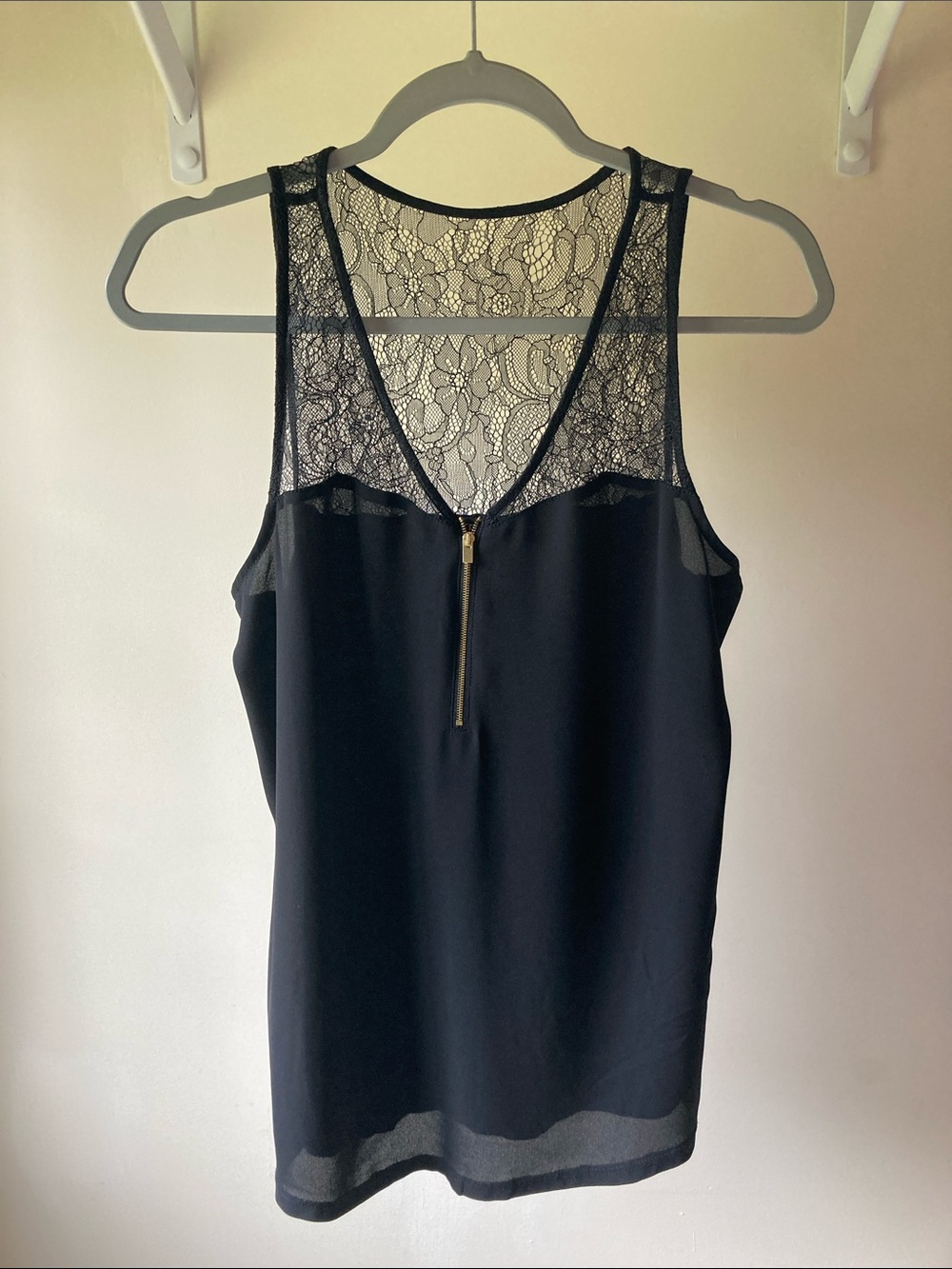 Express Black Lace V-Neck Tank with Gold Zipper